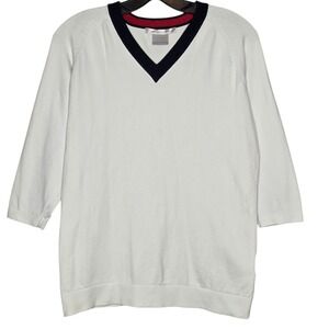 Nike Golf Sweater Y2K Womens Medium White V-Neck 3/4 Sleeve Knit Navy Red Trim
